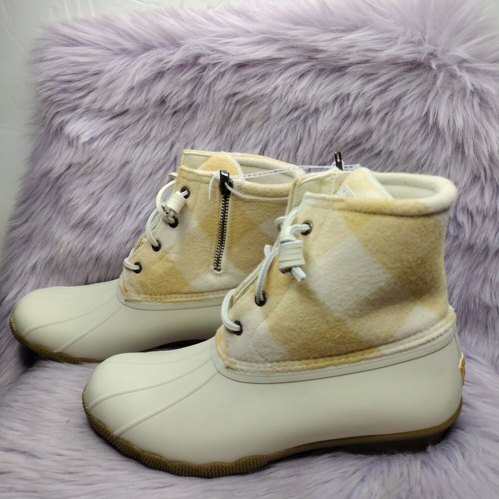 NEW Sperry Women's Saltwater Buffalo Check Ivory Duck Boot Size 9.5